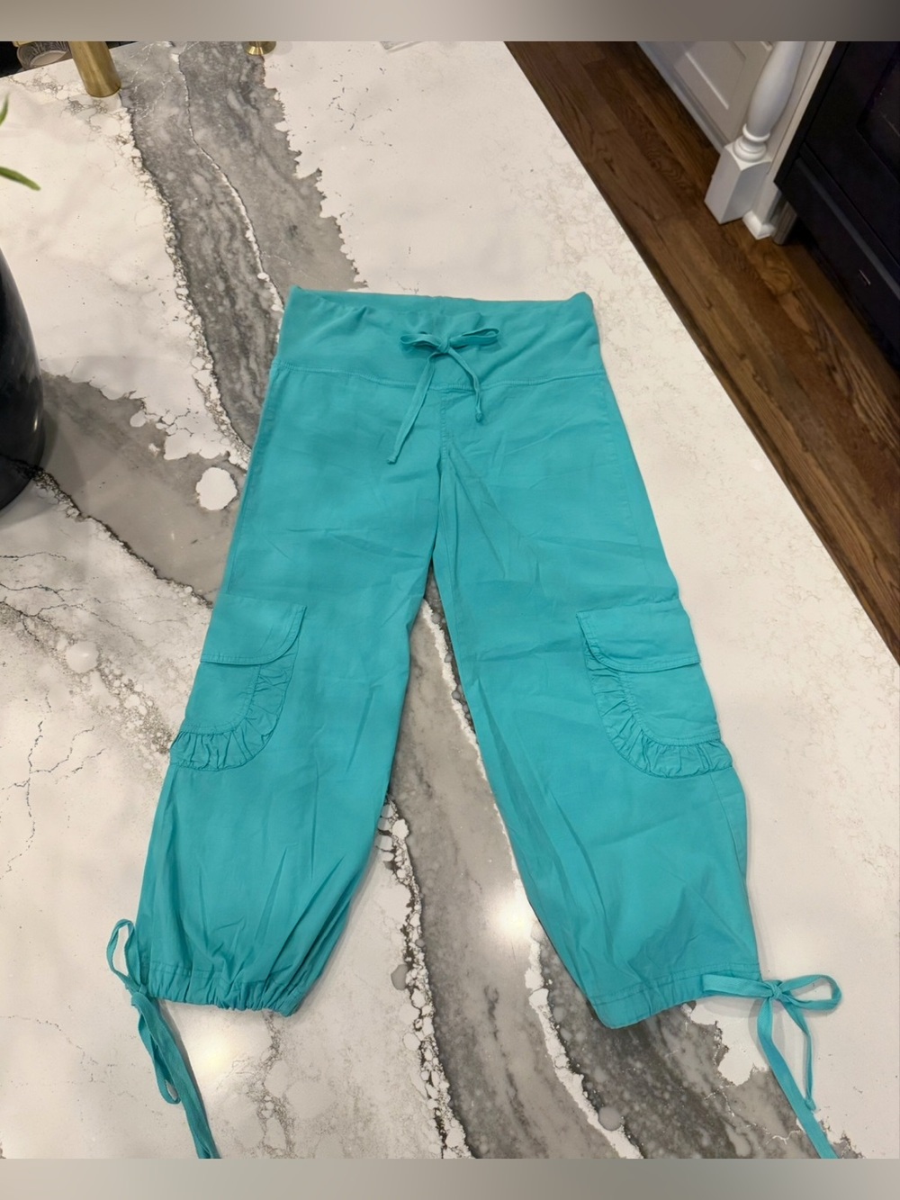 XCVI Women’s 2000s Aqua Blue Turquoise Ruffle Pocket Tie Pants